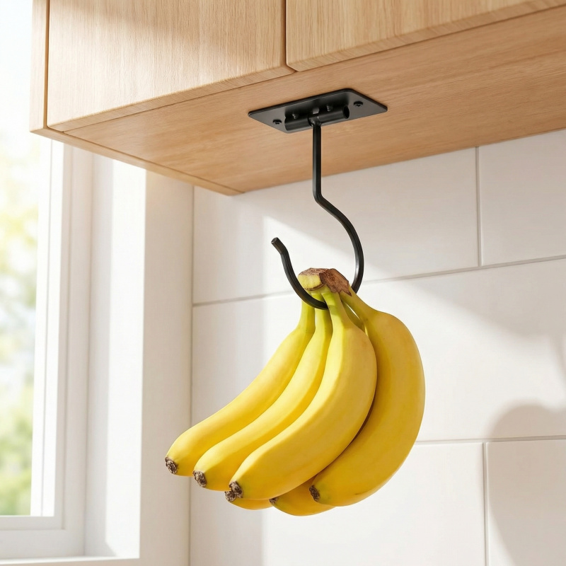 Kitchen Gadgets Organizer - Zwart metalen zelfklevende bananenhaak opvouwbaar opbergrek